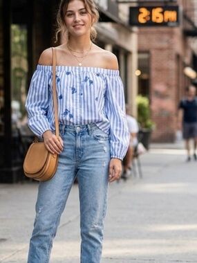 Hollister Blue White poplin Embroidered Off Shoulder Woven Blouse S 3/4